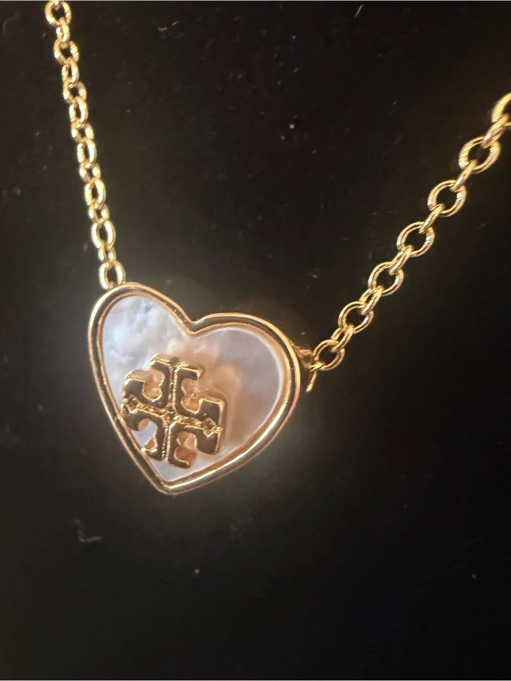 Tory Burch Kira Heart Mother of Pearl Double T Gold Necklace w dust bag